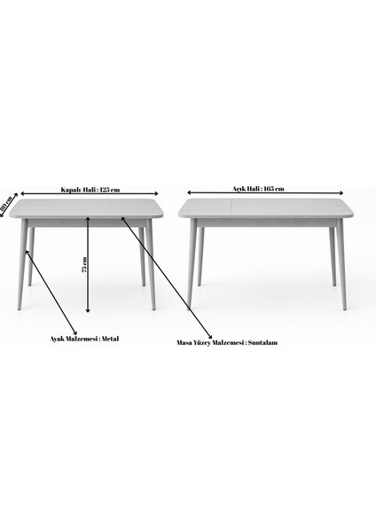 Milano Açılır Dikdörtgen Masa – Ceviz Desen, Beyaz Ayak, 80×125 → 165 Cm, 4–6 Kişilik (Sandalyesiz) modelleri