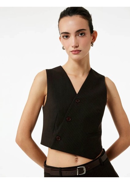 Kruvaze Düğmeli Asimetrik Kesim Blazer Kahverengi Kadın Yelek 6WAK20052UW