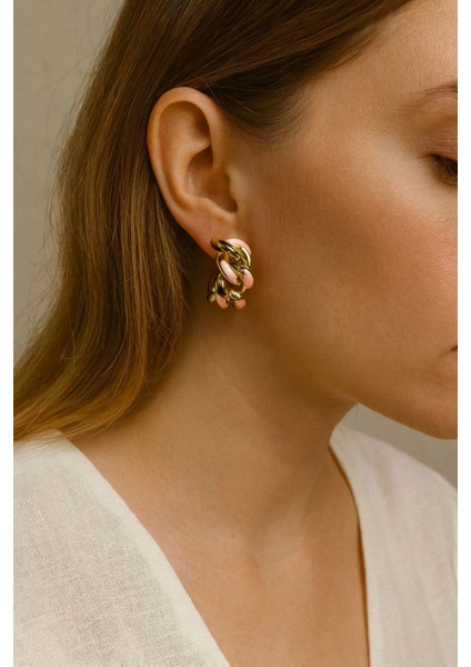 Zincir Model Renkli Mineli Halka Tasarım Kadın Çelik Küpe