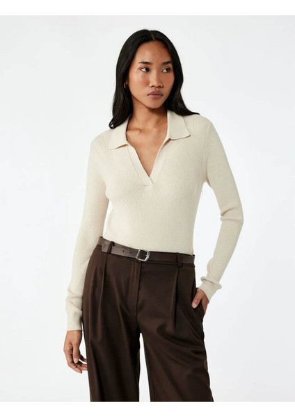 Polo Yaka Triko Bej Kadın Kazak 6WAK90122HT