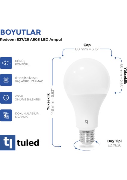 Redeem A80S E27 LED Ampul, Titreşimsiz, Göz Konforu, Tekli, 1341 Lümen, Doğal Beyaz, 4000 Kelvin fırsatları