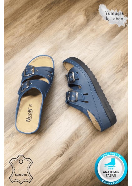 Darma Kadın Günlük Terlik Çift Bant Taşlı Tokalı Ortopedik Taban Anne Dışarı & Ev Içi Terliği