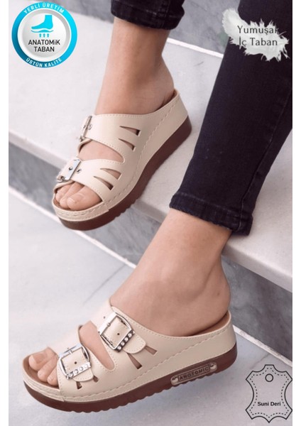 Darma Kadın Günlük Terlik Çift Bant Taşlı Tokalı Ortopedik Taban Anne Dışarı & Ev İçi Terliği