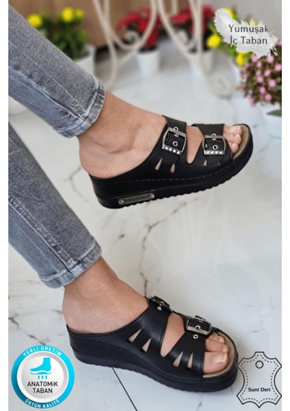 Darma Kadın Günlük Terlik Çift Bant Taşlı Tokalı Ortopedik Taban Anne Dışarı & Ev İçi Terliği