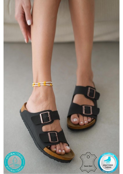 Angel Unisex Ortopedik Tabanlı Terlik Çift Bantlı Tokalı Günlük Rahat Ev & Dışarı Terliği