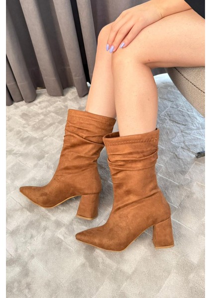 Kadın Nomire Taba Süet Büzgülü Sivri Burun Kalın Topuklu Bot modelleri
