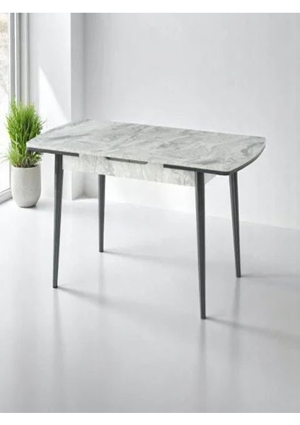 Berlin Açılır Dikdörtgen Masa – Gri Mermer, Siyah Ayak, 80×130 → 160 cm (Sandalyesiz, 4–6 Kişilik)