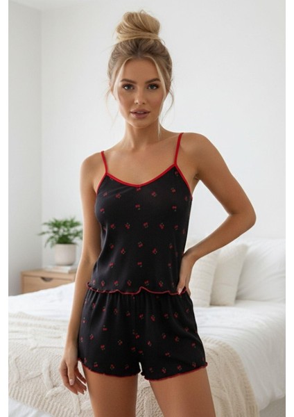 Siyah Kiraz Desenli Şortlu Pijama Takımı 3415