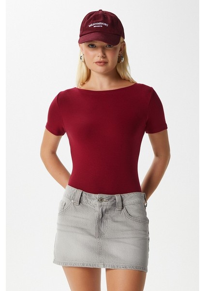 Kadın Velvet Kayık Yaka Lux Touch Yumuşak Doku Kısa Kol Bordo Bluz