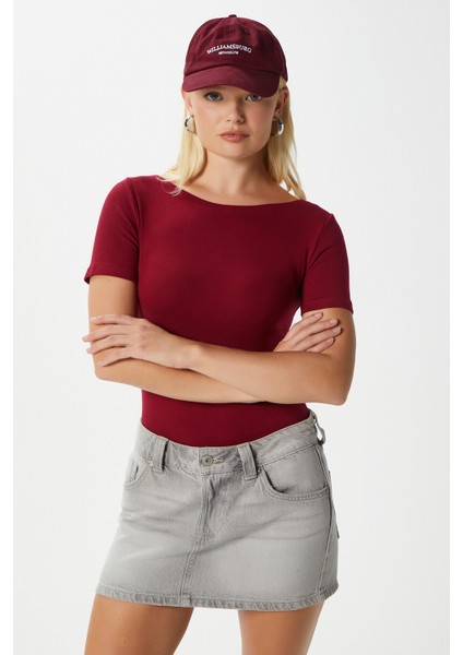 Kadın Velvet Kayık Yaka Lux Touch Yumuşak Doku Kısa Kol Bordo Bluz fiyatları