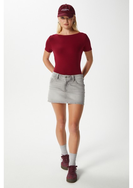 Kadın Velvet Kayık Yaka Lux Touch Yumuşak Doku Kısa Kol Bordo Bluz modelleri