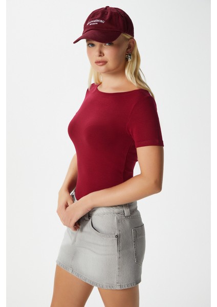 Kadın Velvet Kayık Yaka Lux Touch Yumuşak Doku Kısa Kol Bordo Bluz fırsatları