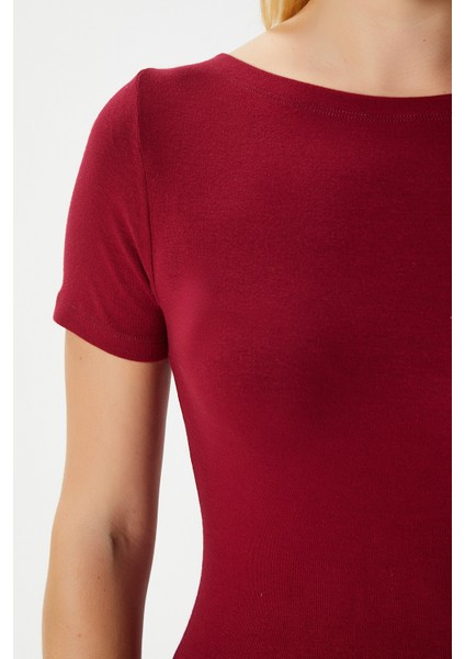 Kadın Velvet Kayık Yaka Lux Touch Yumuşak Doku Kısa Kol Bordo Bluz indirimleri