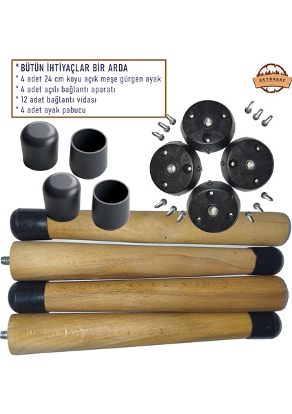 Doğal Ahşap Konik Mobilya Ayağı Açık Meşe | Sehpa, Sandalye, Tabure | Çevir Tak Aparatlı