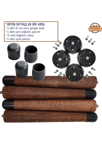 Doğal Ahşap Konik Mobilya Ayağı Ceviz| Sehpa, Sandalye, Tabure | Çevir Tak Aparatlı