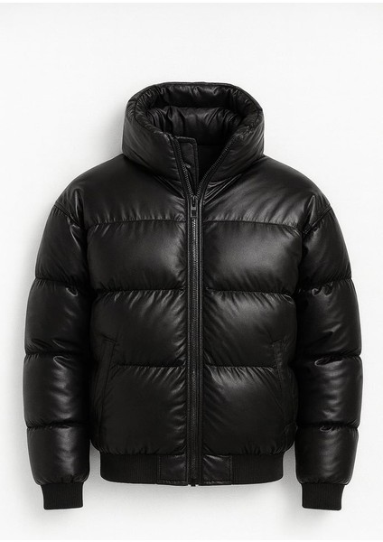 Oversize Kapüşonu Çıkarılabilir Şişme Deri Mont - Siyah