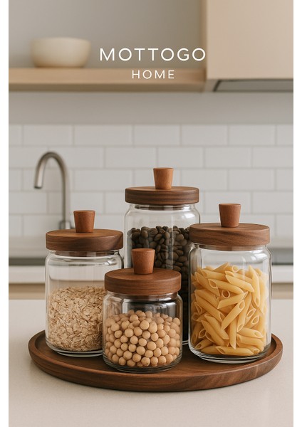 4’lü Vakumlu Akasya Kapaklı Cam Kavanoz Seti 950 700 450ML - Yuvarlak Altlıklı