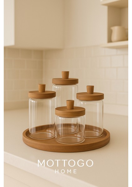 4’lü Vakumlu Akasya Kapaklı Cam Kavanoz Seti 950 700 450ML - Yuvarlak Altlıklı fiyatları