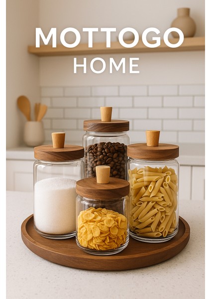 4’lü Vakumlu Akasya Kapaklı Cam Kavanoz Seti 950 700 450ML - Yuvarlak Altlıklı modelleri