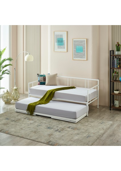 Veluna Yavrulu Karyola Daybed Tek-Çift Kişilik Metal Karyola+Yatak Seti Beyaz