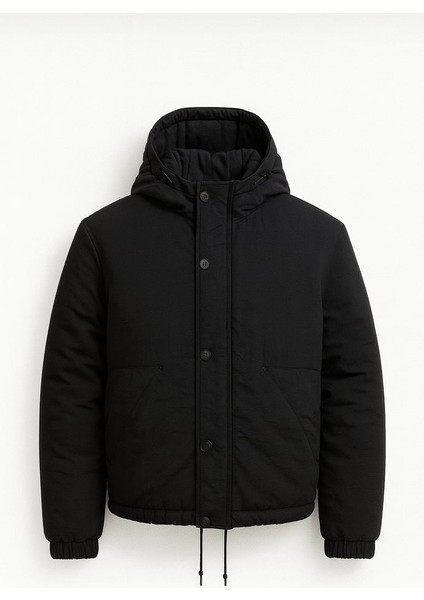 Oversize Cep Detaylı Kapüşonlu Hafif Şişme Mont - Siyah fiyatları