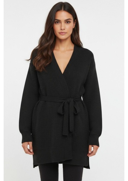 Siyah Kuşaklı Örme Kadın Hırka 6905