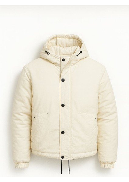 Oversize Cep Detaylı Kapüşonlu Hafif Şişme Mont - Ekru