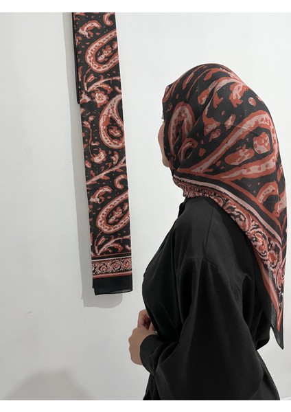 Soft Pamuk Etnik Desen Siyah Kiremit Vizon Renk Eşarp modelleri