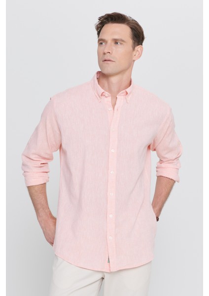 Comfort Fit Rahat Kesim Düğmeli Yaka Casual Keten Gömlek