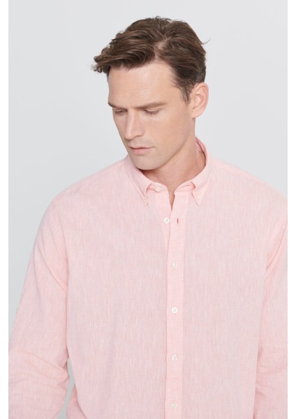 Comfort Fit Rahat Kesim Düğmeli Yaka Casual Keten Gömlek