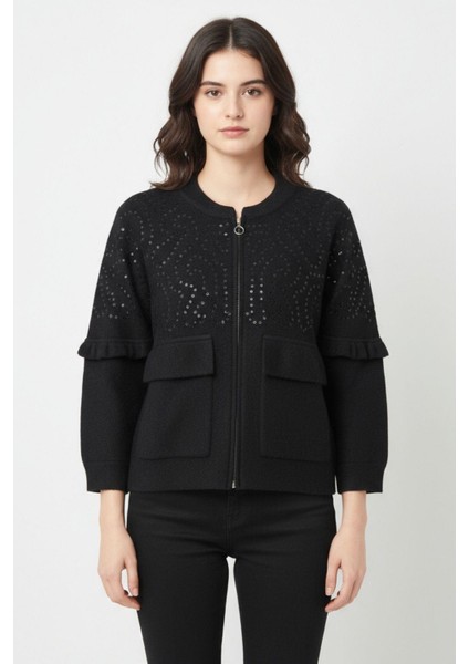 Siyah Pul İşlemeli Cepli Fermuarlı Kadın Hırka 2447