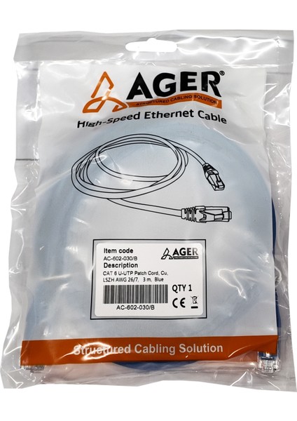 AC-602-030 3 mt Utp Cat6 Patch Kablo Mavi Cu, Lszh Awg 26/7 fiyatları