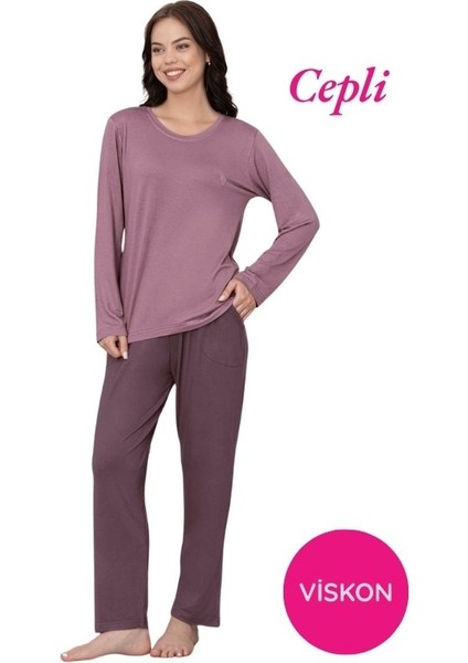 Kadın Bisiklet Yaka Düğmesiz Viskon Mevsimlik Uzun Kol Cepli Pijama Takımı