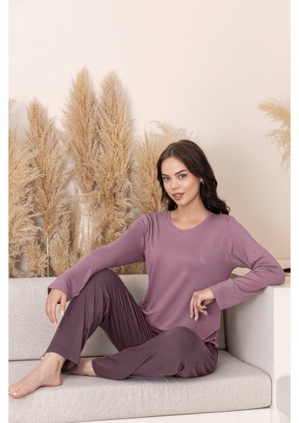 Kadın Bisiklet Yaka Düğmesiz Viskon Mevsimlik Uzun Kol Cepli Pijama Takımı modelleri