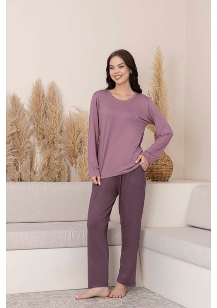Kadın Bisiklet Yaka Düğmesiz Viskon Mevsimlik Uzun Kol Cepli Pijama Takımı fırsatları