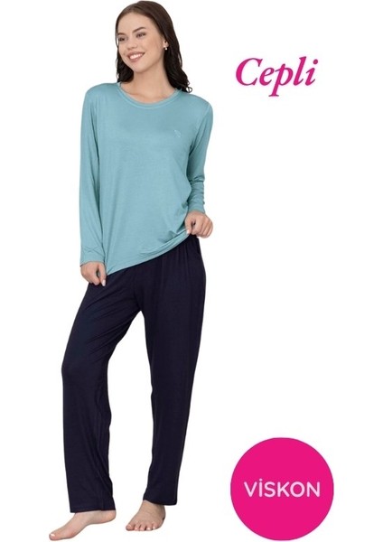 Kadın Bisiklet Yaka Düğmesiz Viskon Mevsimlik Uzun Kol Cepli Pijama Takımı