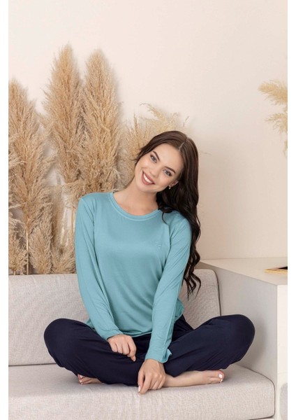 Kadın Bisiklet Yaka Düğmesiz Viskon Mevsimlik Uzun Kol Cepli Pijama Takımı modelleri