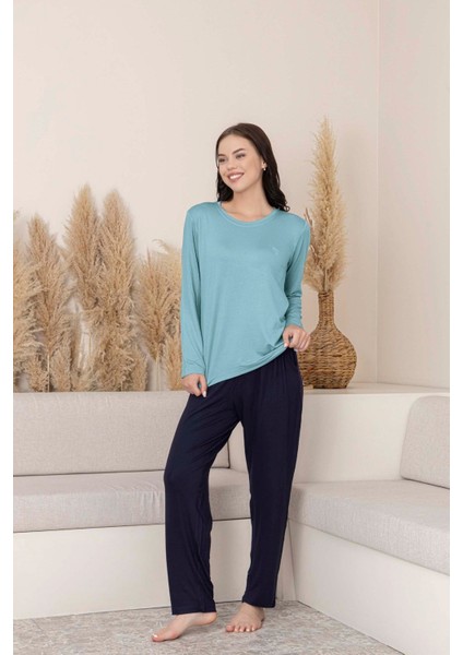 Kadın Bisiklet Yaka Düğmesiz Viskon Mevsimlik Uzun Kol Cepli Pijama Takımı fırsatları