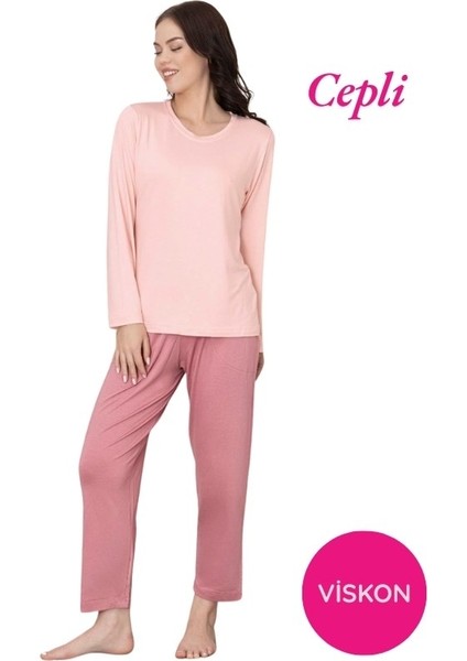 Kadın Bisiklet Yaka Düğmesiz Viskon Mevsimlik Uzun Kol Cepli Pijama Takımı