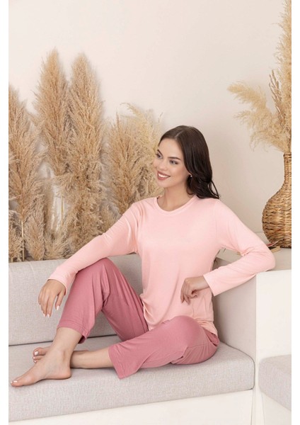 Kadın Bisiklet Yaka Düğmesiz Viskon Mevsimlik Uzun Kol Cepli Pijama Takımı modelleri