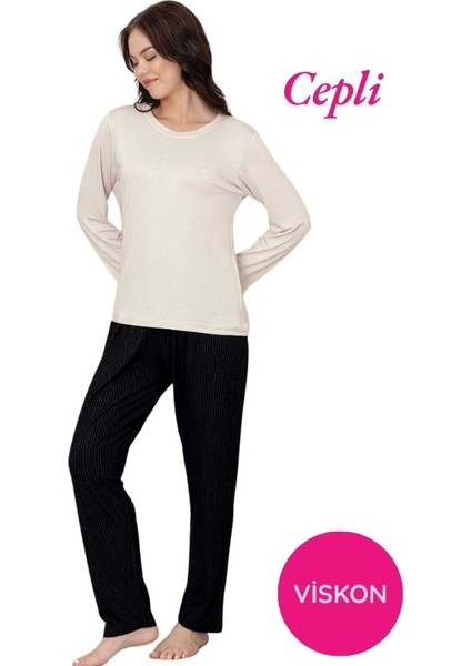 Kadın Bisiklet Yaka Düğmesiz Viskon Mevsimlik Uzun Kol Cepli Pijama Takımı