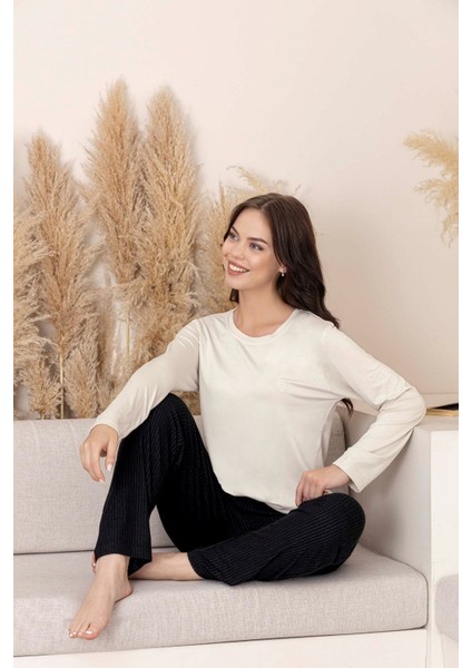 Kadın Bisiklet Yaka Düğmesiz Viskon Mevsimlik Uzun Kol Cepli Pijama Takımı modelleri