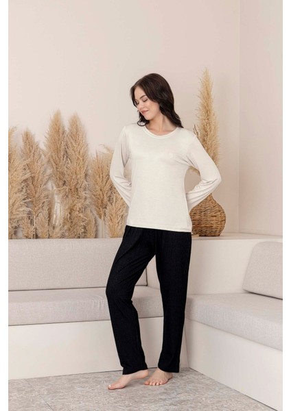 Kadın Bisiklet Yaka Düğmesiz Viskon Mevsimlik Uzun Kol Cepli Pijama Takımı fırsatları