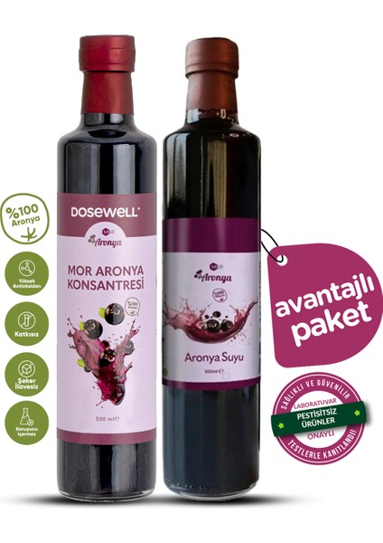 Konsantresi & %100 Doğal Mor Aronya Suyu – Katkısız ve Şekersiz/ 2'li Paket