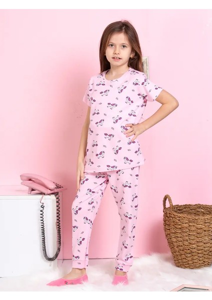 Minykids Unicorn Desenli Fitilli Kumaş Pembe Pijama Takımı