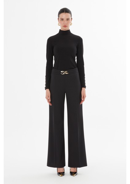 Yüksek Bel Metal Tokalı Geniş Paça Pantolon