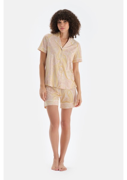 Turuncu Şal Desenli Penye Modal Gömlek Şort Pijama Takımı fırsatları