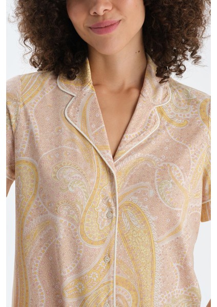 Turuncu Şal Desenli Penye Modal Gömlek Şort Pijama Takımı indirimleri