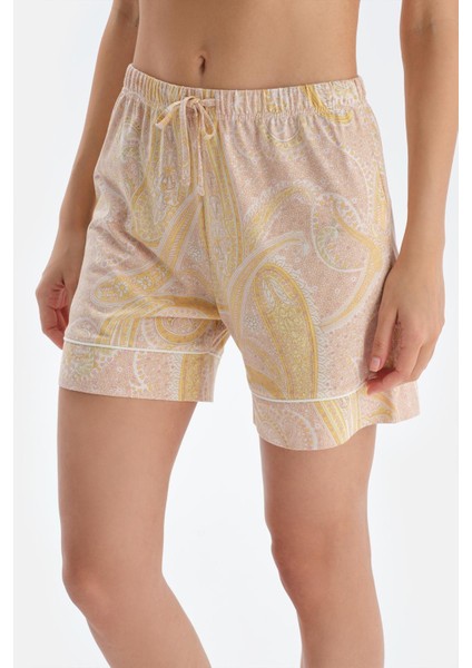 Turuncu Şal Desenli Penye Modal Gömlek Şort Pijama Takımı