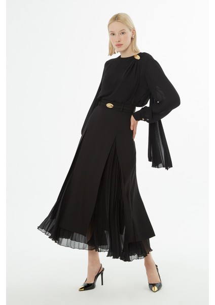 Kemerli Pliseli Midi Boy Etek